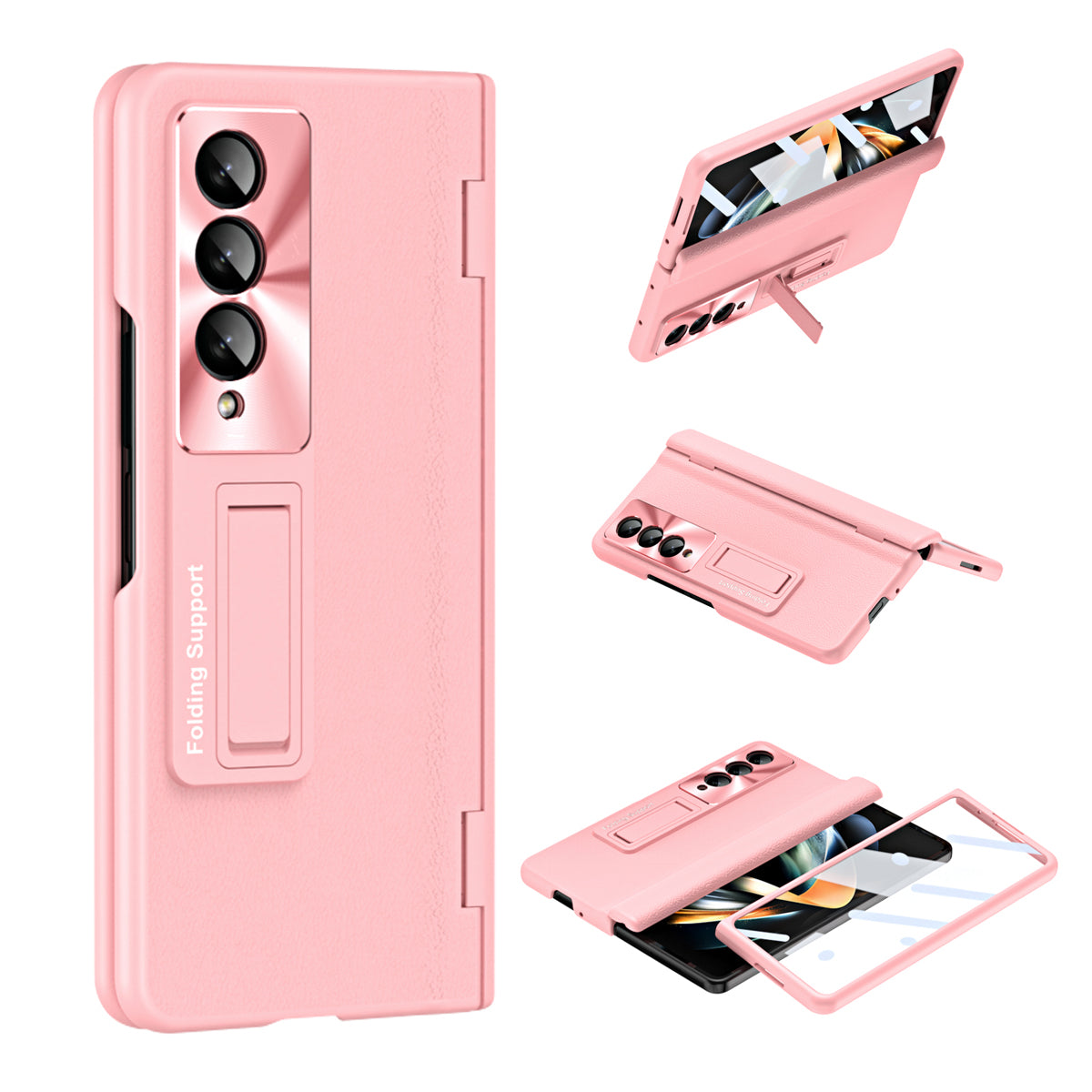 For Samsung Galaxy Z Fold4 5G Hinge Protection Phone Case PU Leather Coated PC Kickstand Cover with Tempered Glass Film For Samsung Galaxy Z Fold4 5G Hinge Protection Phone Case PU Leather Coated PC Kickstand Cover with Tempered Glass Film